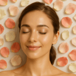 The Wellness-Beauty Convergence in 2025 6 Holistic skincare concept featuring a peaceful woman surrounded by flower petals, representing wellness and beauty in 2025