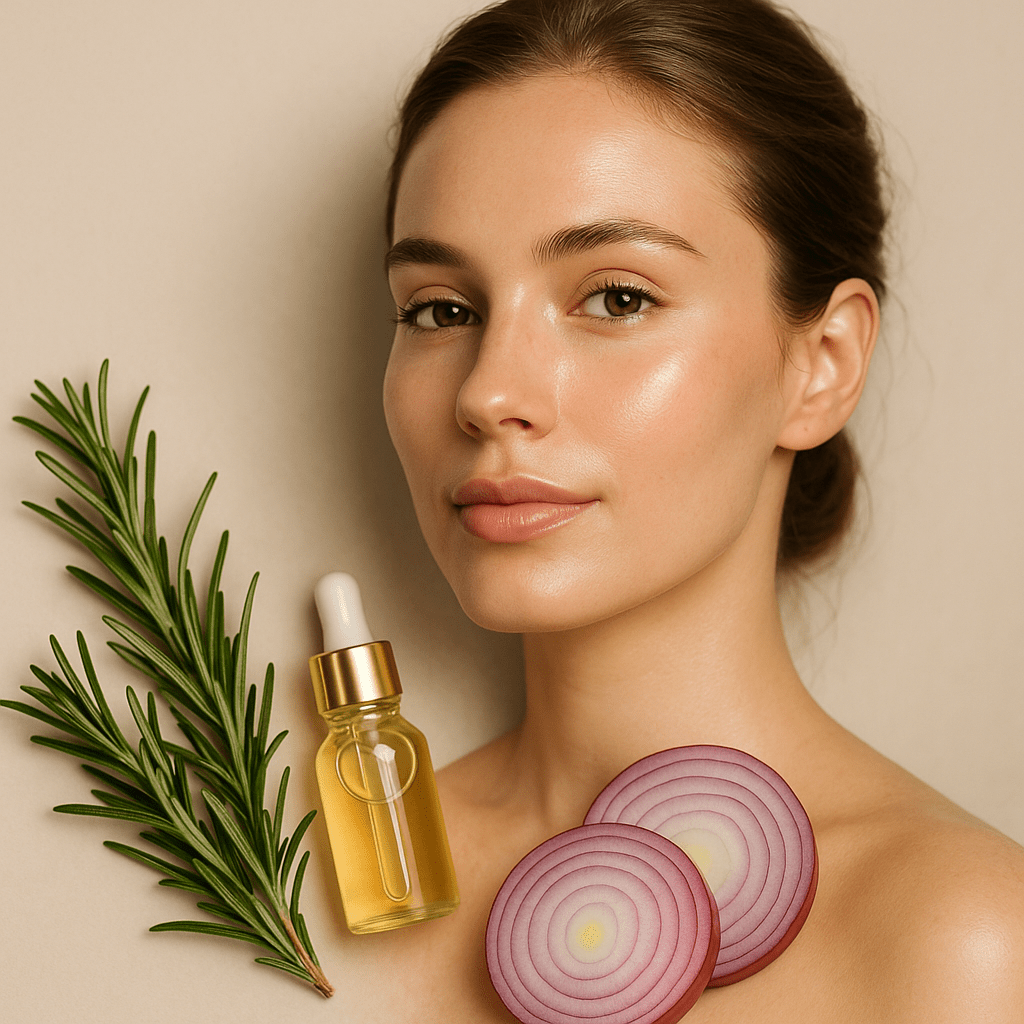 Natural skincare ingredients including rosemary, onion, and glowing skin representation