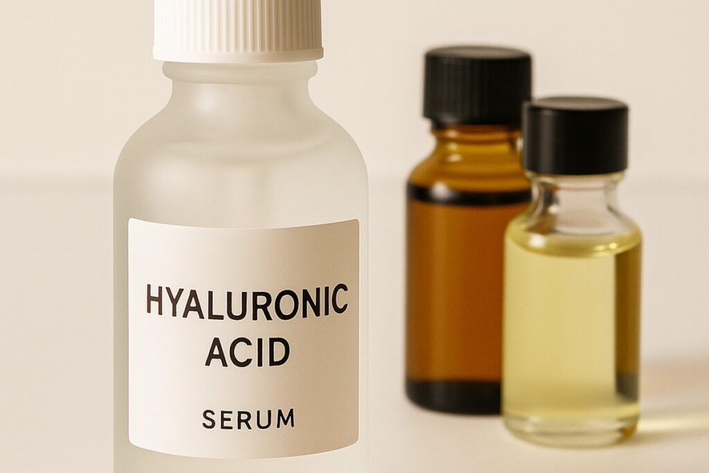 Hyaluronic acid serum dropper with almond oil and castor oil for skin hydration and anti-aging skincare