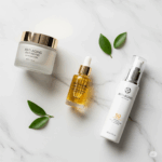A sophisticated flat lay of essential anti-aging skincare products, including a serum, moisturizer, and sunscreen on a clean marble surface.