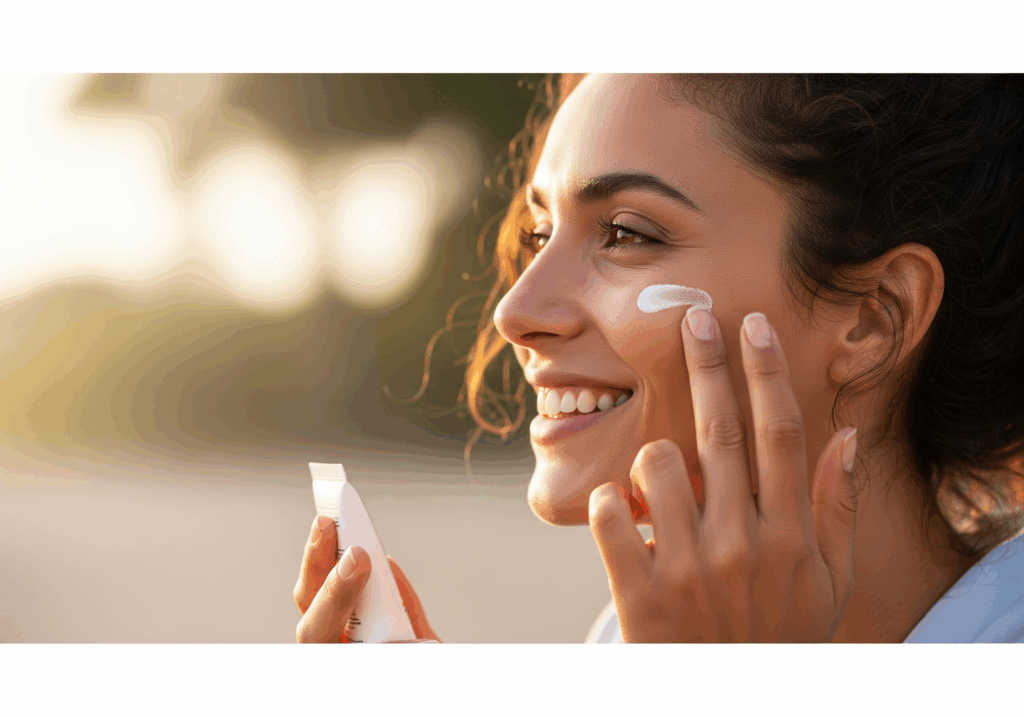 Why Sunscreen is the Most Powerful Anti-Aging Product You Can Use 3 A woman smiling as she applies a gentle, anti-aging sunscreen to her cheek.