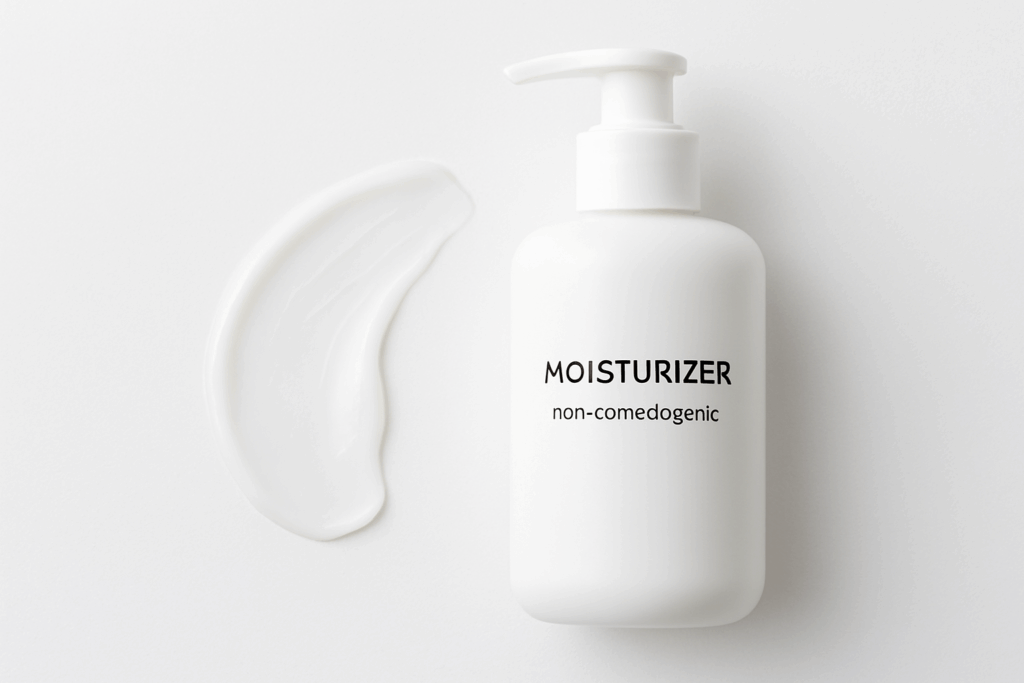 A clean white bottle of non-comedogenic moisturizer with a gentle cream smear.