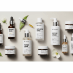 A collection of elegant skincare bottles with different ingredients for skin tightening, including Vitamin C and peptides.