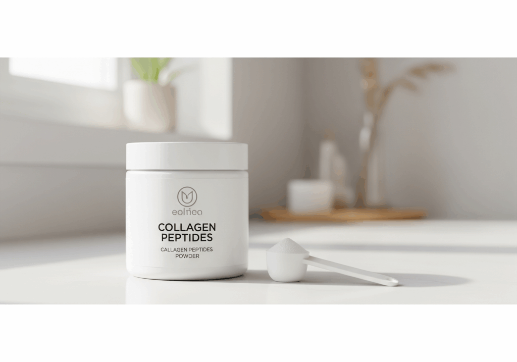 A jar of hydrolyzed collagen peptides powder with a scoop, a supplement that may help with wrinkles