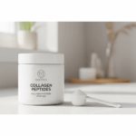 A jar of hydrolyzed collagen peptides powder with a scoop, a supplement that may help with wrinkles