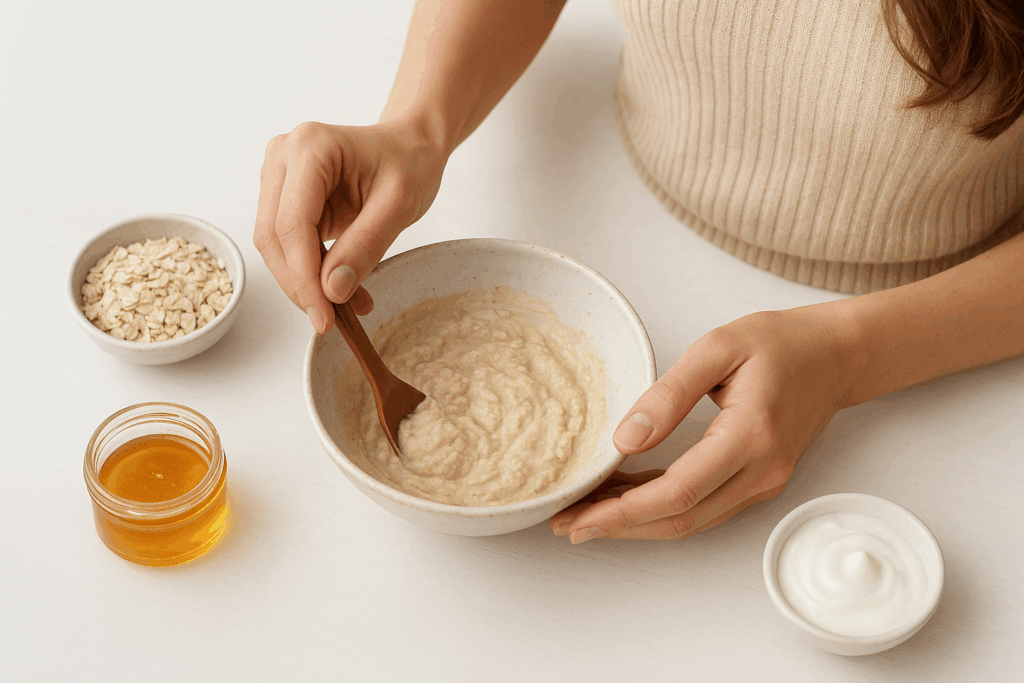 A person mixing a simple DIY face mask in a bowl with oatmeal, honey, and yogurt.
