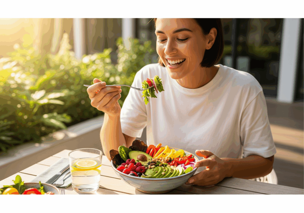 woman with glowing skin enjoying a healthy salad, representing a lifestyle habit that prevents sagging skin.