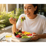 The Ultimate Guide to Holistic Beauty: Unlocking Radiance from the Inside Out 7 woman with glowing skin enjoying a healthy salad, representing a lifestyle habit that prevents sagging skin.