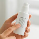 A person's hands holding a skincare bottle and carefully reading the ingredient label on the back.