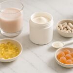 Ingestible beauty supplements including collagen powder, vitamin capsules, softgels, and gummies on a marble countertop with a wellness drink.