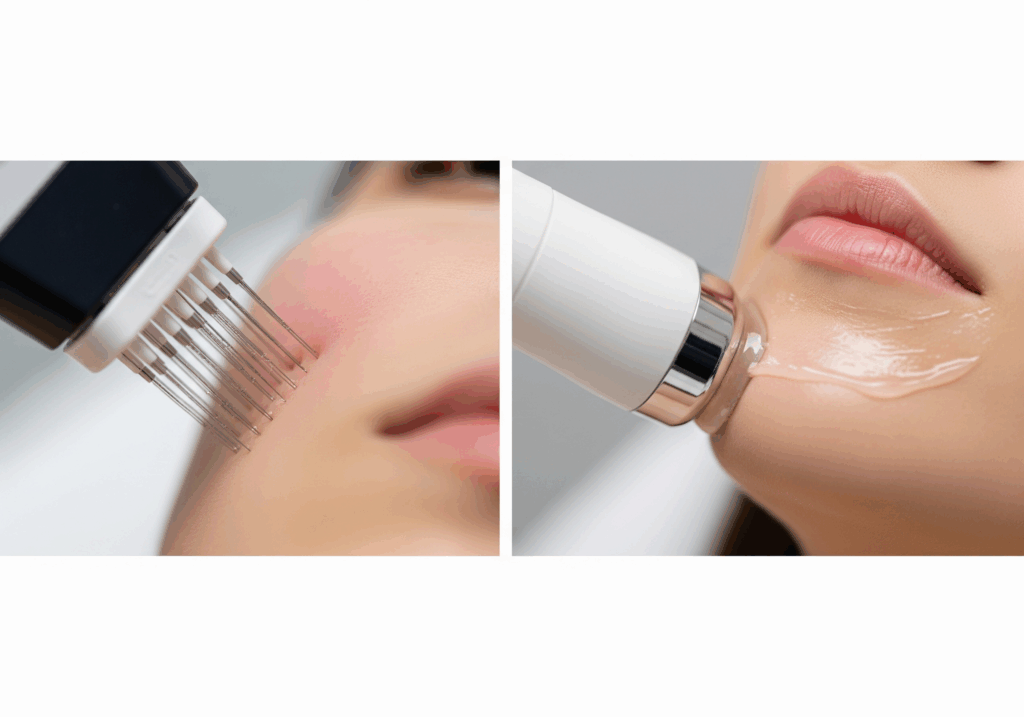 A split-screen image comparing microneedling vs radiofrequency, showing a microneedling device on one side and a radiofrequency wand on the other