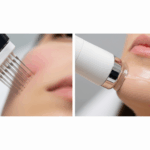 Microneedling vs. Radiofrequency: Which is Better for Sagging Skin? 3 A split-screen image comparing microneedling vs radiofrequency, showing a microneedling device on one side and a radiofrequency wand on the other