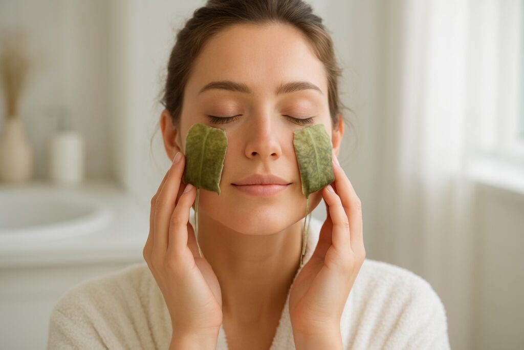 A woman relaxing with her eyes closed while using a soothing natural remedy on her skin to reduce redness.
