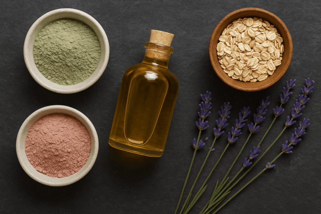 A beautiful flat lay of natural skincare ingredients, including clay, carrier oil, oats, and lavender, for a DIY recipe.