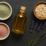 A beautiful flat lay of natural skincare ingredients, including clay, carrier oil, oats, and lavender, for a DIY recipe.