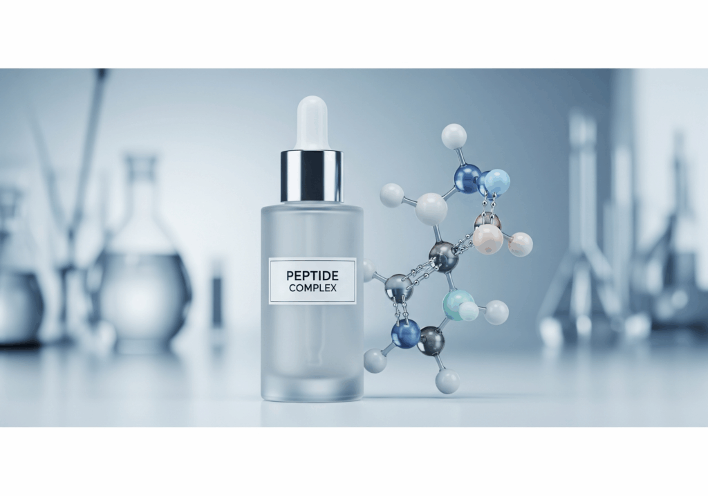 An elegant product bottle of peptide serum next to a molecular model, representing the science behind peptides for wrinkles