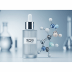 An elegant product bottle of peptide serum next to a molecular model, representing the science behind peptides for wrinkles