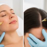 A split-screen image showing a PRP treatment for skin rejuvenation on the left and a PRP treatment for hair loss on the right.
