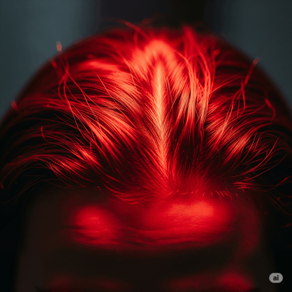 A close-up view of a healthy scalp and dense hair being treated with the glow of red light therapy for hair growth