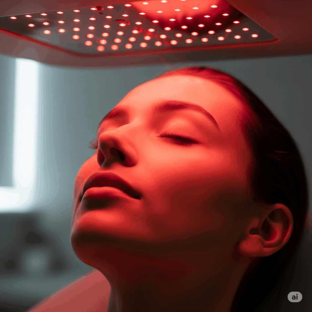 A woman peacefully receiving red light therapy for skin rejuvenation, with a soft red glow illuminating her face