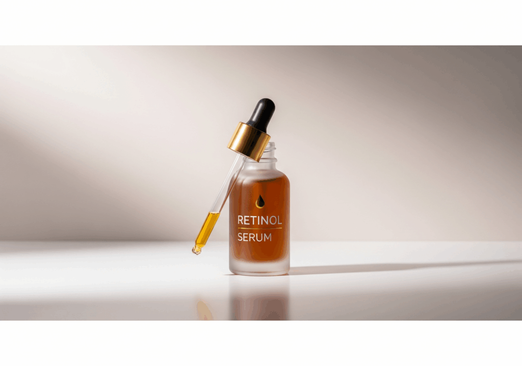 A modern, minimalist bottle of retinol serum for beginners, placed on a clean background to represent a simple skincare routine