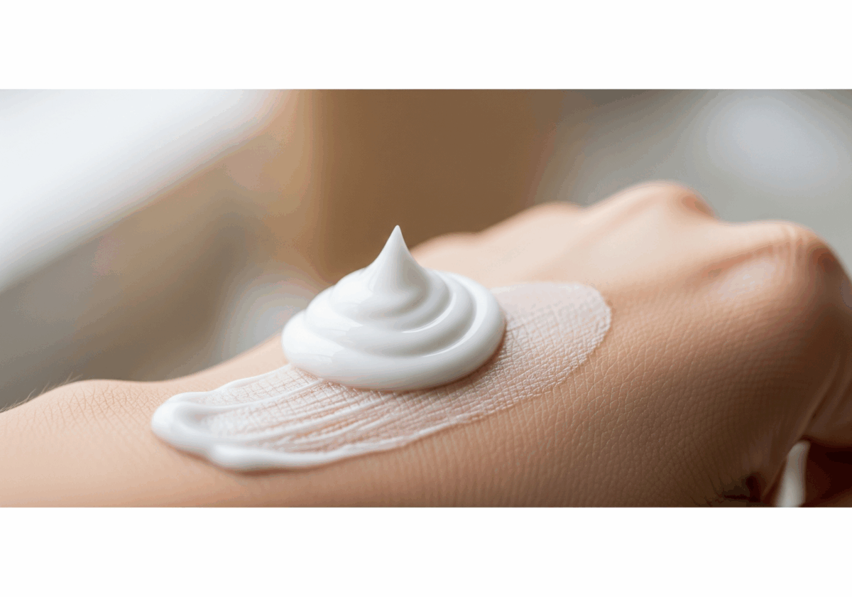 A texture shot of a luxurious white skincare cream swirled on the back of a hand.