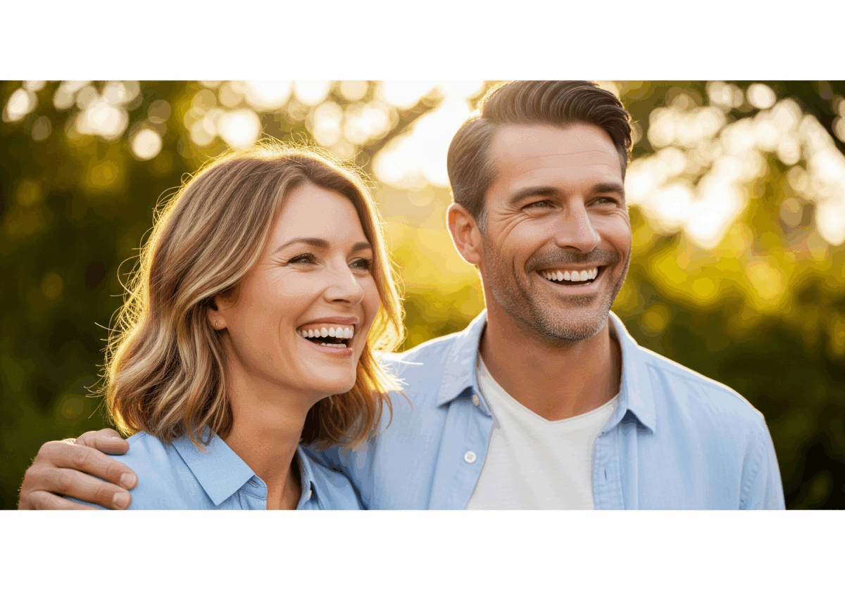 A happy man and woman with healthy, firm skin, representing the positive results of a good skincare and lifestyle routine.
