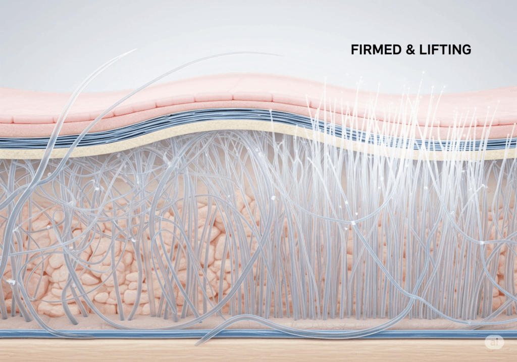 A conceptual image showing the lifting and firming of skin layers, representing the science of treating sagging skin.