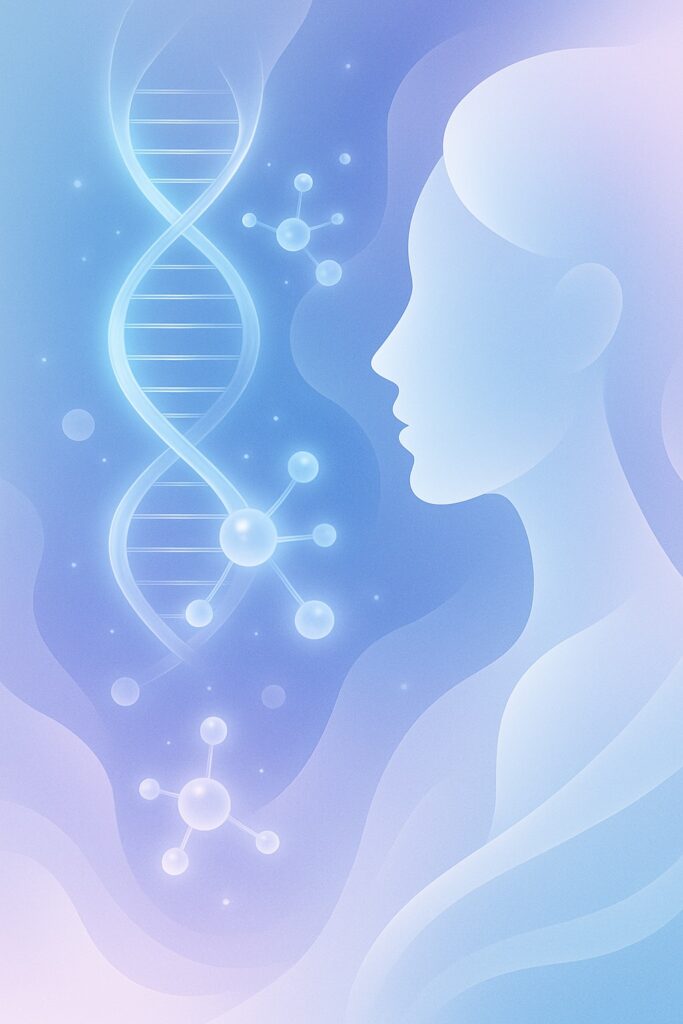 Abstract futuristic illustration representing an anti-aging skincare routine 2026 with DNA helix and molecular patterns
