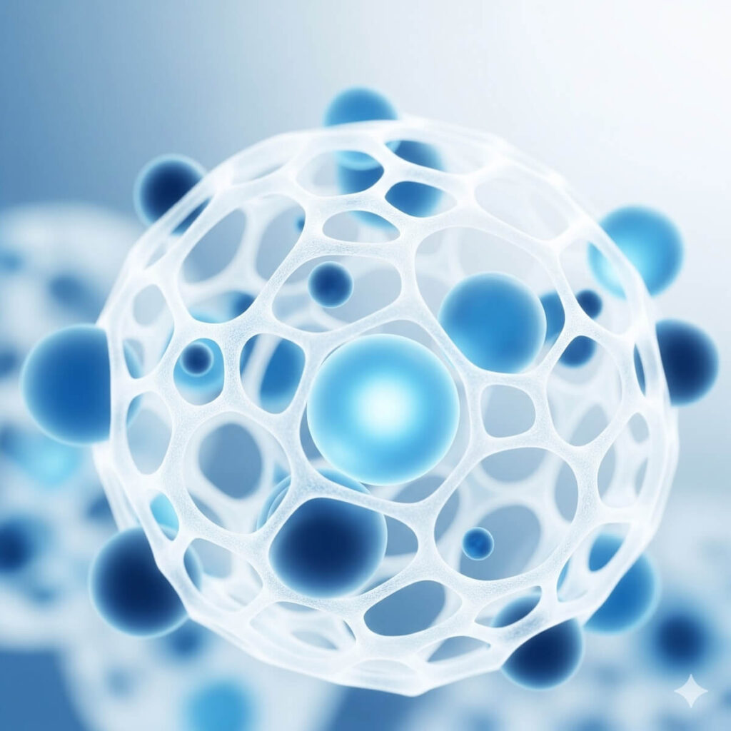 An abstract image of a white lattice structure filled with blue spheres, symbolizing the relationship between Collagen vs Hyaluronic Acid