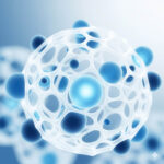 An abstract image of a white lattice structure filled with blue spheres, symbolizing the relationship between Collagen vs Hyaluronic Acid