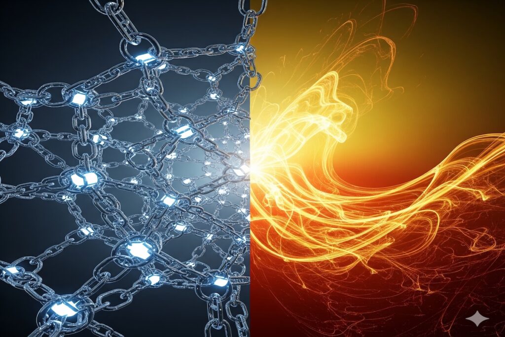 Peptides vs Retinol: Which Is Better for Wrinkles in 2026? 14 An abstract image of interlocking silver chains and a golden wave of light, symbolizing the comparison of Peptides vs Retinol.