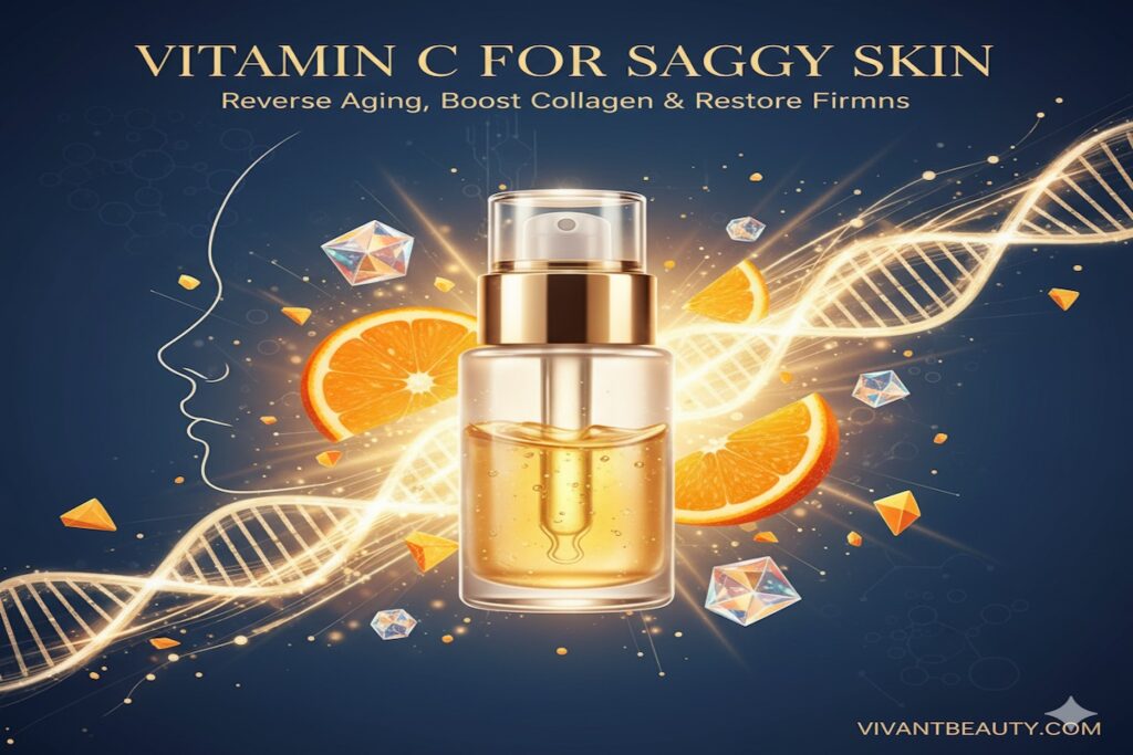 Vitamin C for Saggy Skin 13 n abstract scientific visualization showing glowing, interconnected helix structures that represent Vitamin C boosting collagen production at a cellular level to combat saggy skin