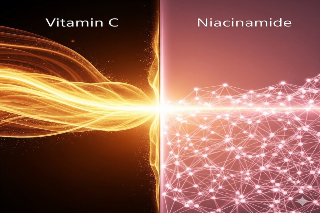Vitamin C vs Niacinamide: Which Brightening Ingredient Should You Use in 2026? 15 An abstract image split between an energetic golden light and a calm pink network, symbolizing the comparison of Vitamin C vs Niacinamide for skin brightening.