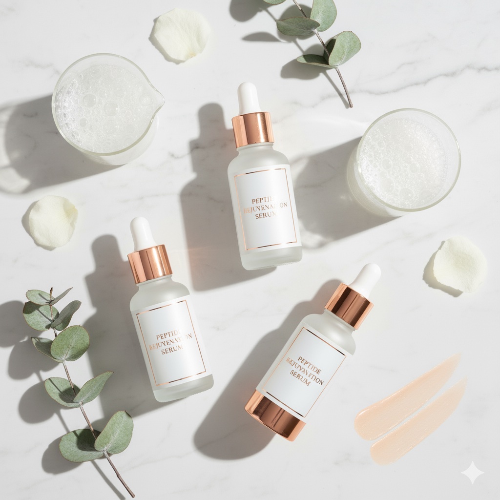 Best Peptide Serums for Wrinkles and Firming 9 Best peptide serums for anti-aging and wrinkle reduction arranged on marble surface