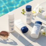 Best sunscreens for anti-aging arranged poolside with straw hat and sunglasses