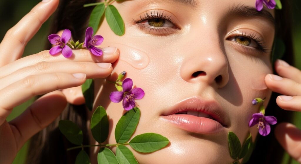 Best Bakuchiol Serums: 10 Gentle Retinol Alternatives for Youthful, Radiant Skin 5 Close-up of woman with glowing skin applying Best Bakuchiol Serums surrounded by Psoralea flowers