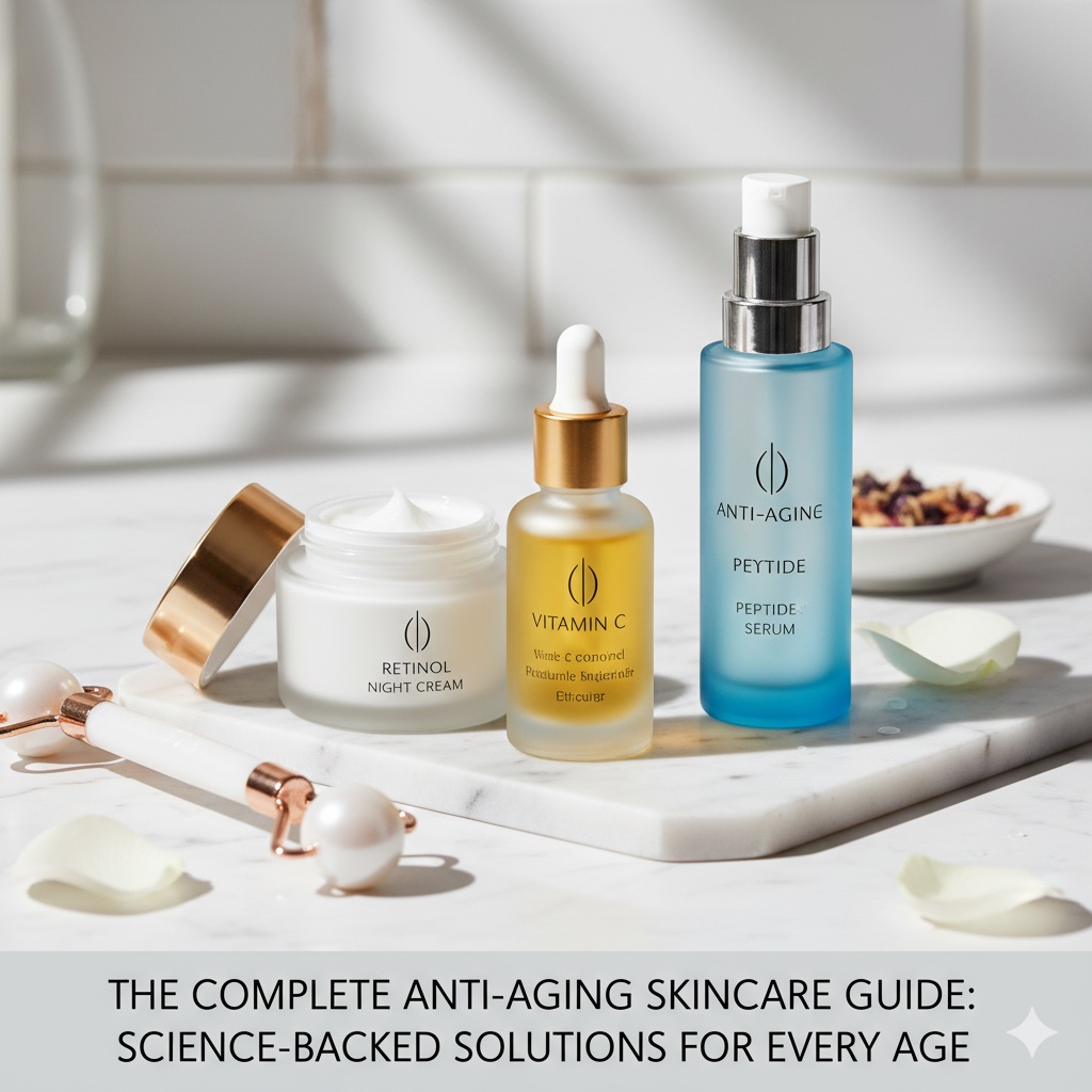 Luxurious anti-aging skincare products, including a Vitamin C serum, Retinol night cream, and Peptide serum, arranged on a white marble surface.
