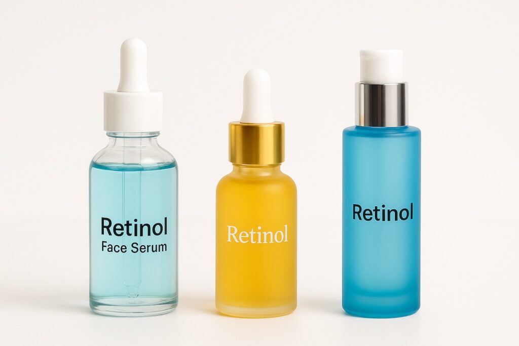 Best Retinol Serums: Top Expert Picks for Every Skin Type 11 Three retinol serum bottles in blue and gold tones on a clean background, representing the best retinol serums for every skin type