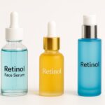 Three retinol serum bottles in blue and gold tones on a clean background, representing the best retinol serums for every skin type