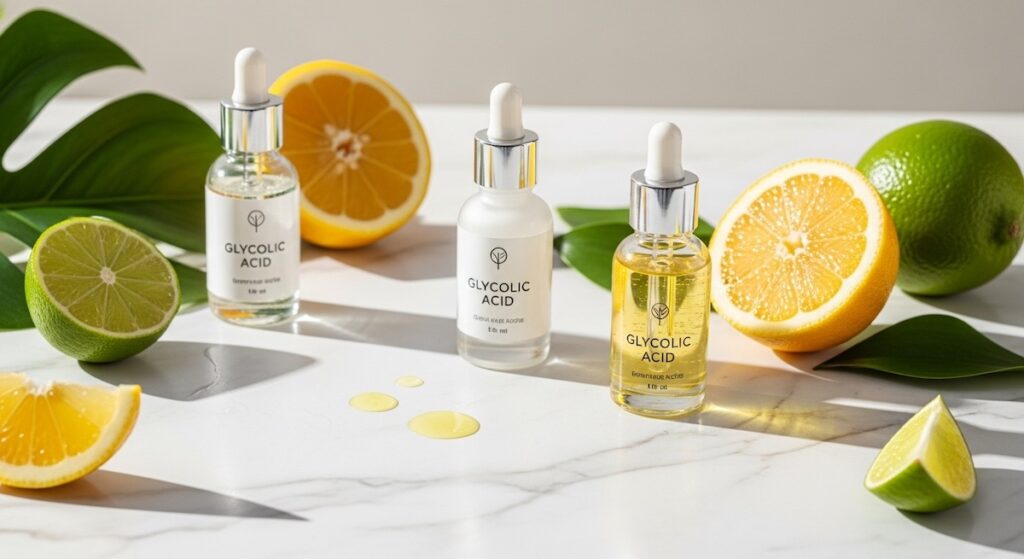 Best Glycolic Acid Serums: 10 Expert-Tested Products for Radiant, Youthful Skin 6 Best glycolic acid serums with citrus fruits on marble surface