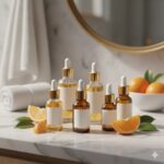 Multiple vitamin C serum bottles with gold droppers arranged with fresh orange slices