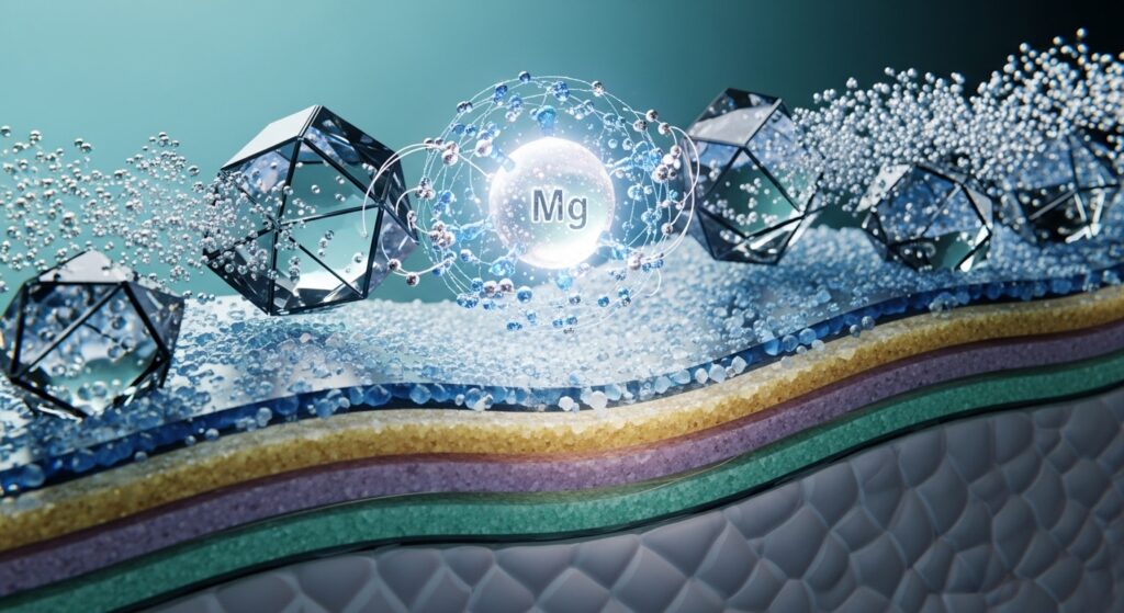 A sophisticated 3D abstract visualization of dead sea minerals skincare science, showing a crystalline molecular bloom interacting with a translucent skin barrier model